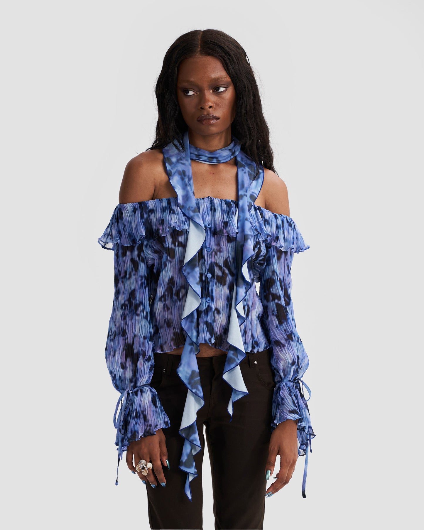 Off-Shoulder Sheer Textured Blouse with Print in Blue