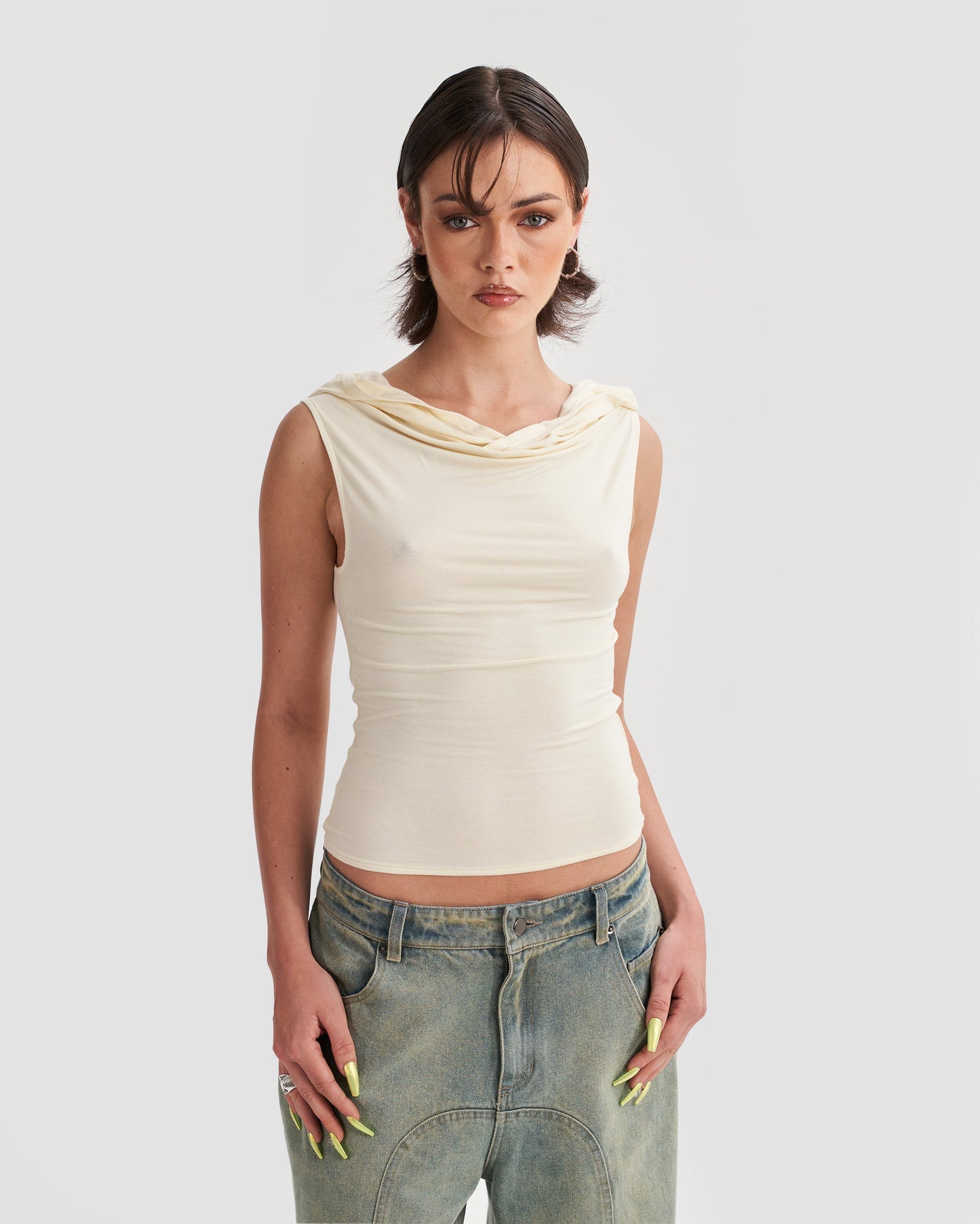 Hooded Cowl Neck Tank Top in Cream