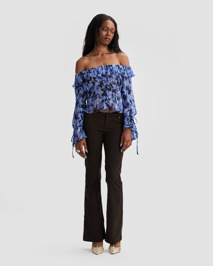 Off-Shoulder Sheer Textured Blouse with Print in Blue