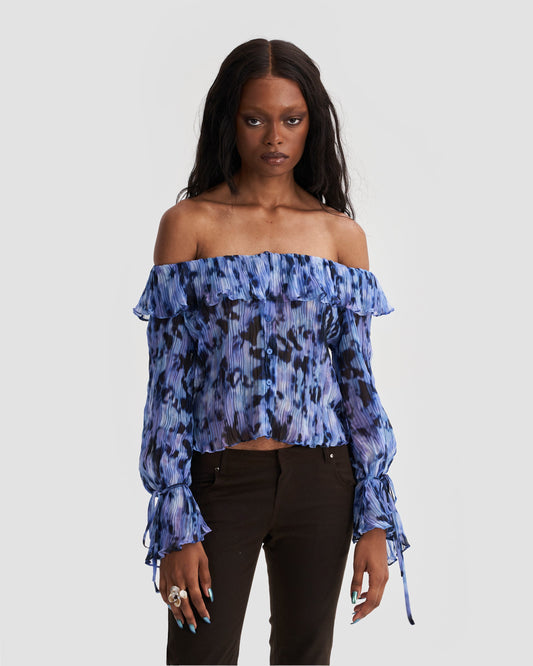 Off-Shoulder Sheer Textured Blouse with Print in Blue