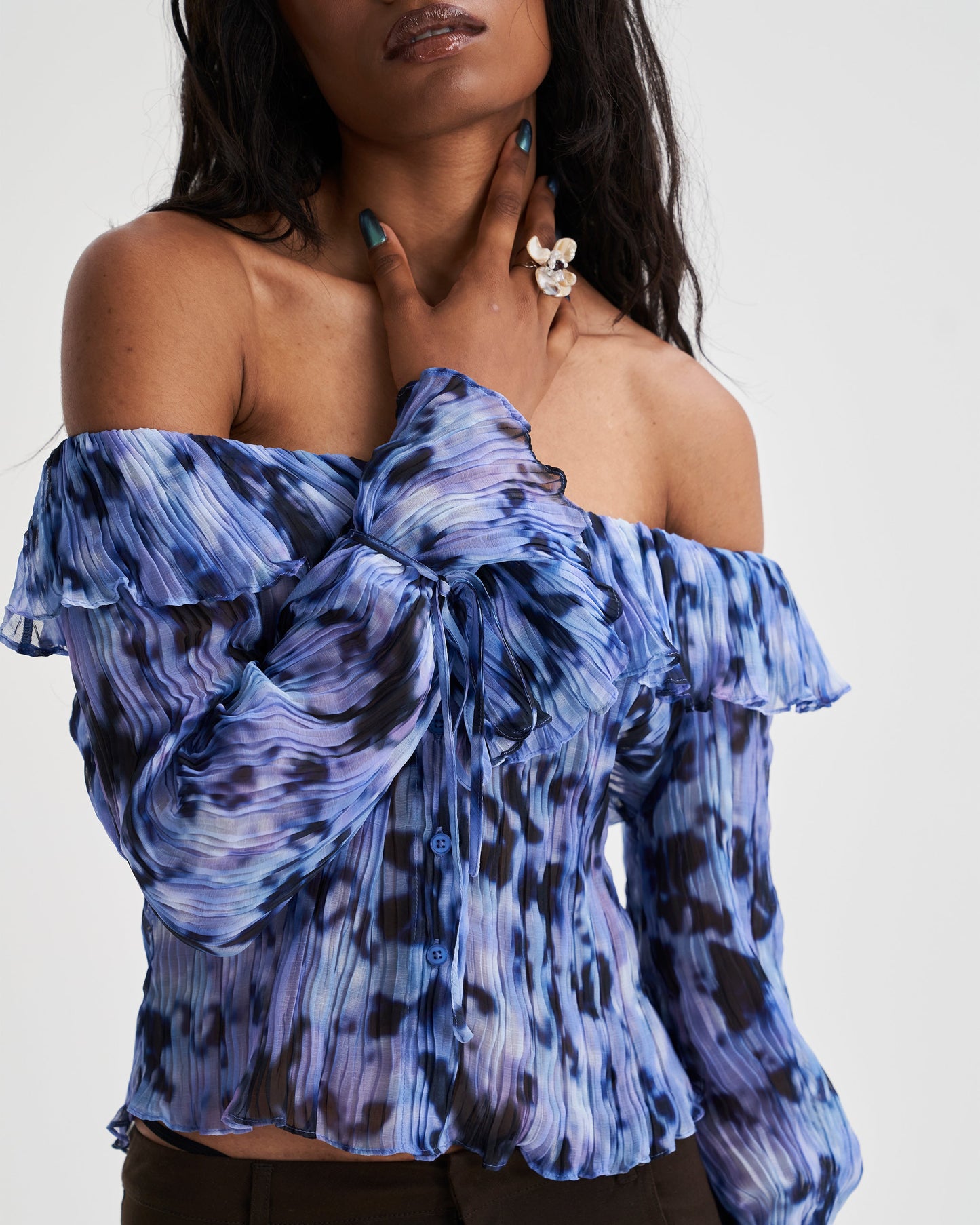 Off-Shoulder Sheer Textured Blouse with Print in Blue