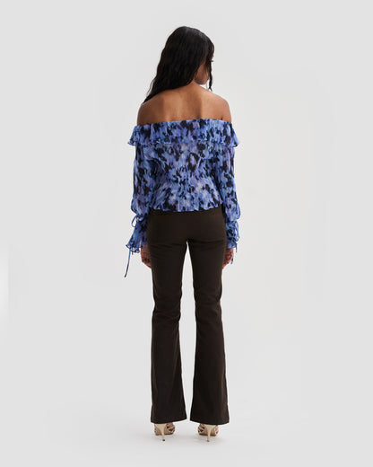 Off-Shoulder Sheer Textured Blouse with Print in Blue