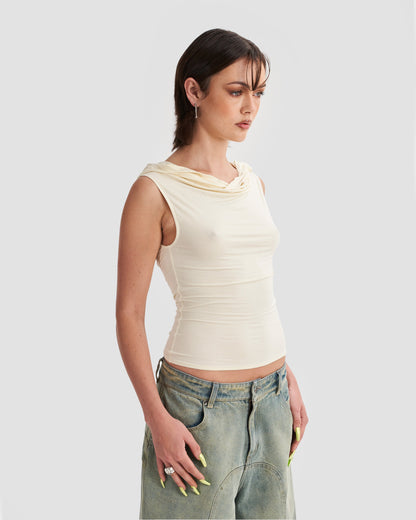 Hooded Cowl Neck Tank Top in Cream