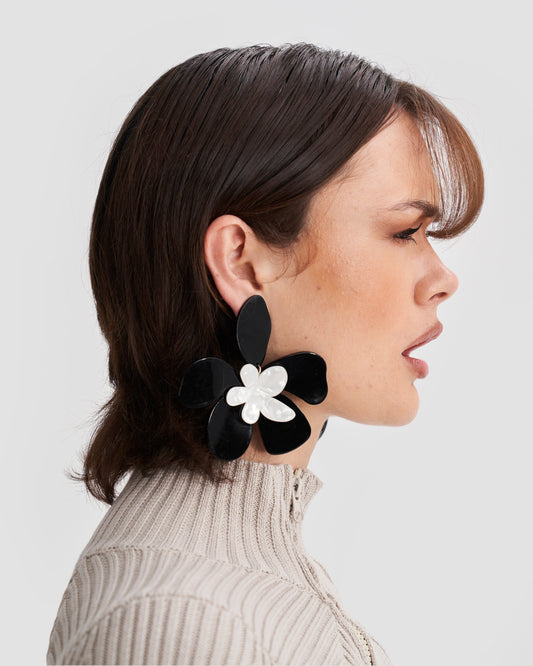 Statement Oversized Flower Earrings in Black and White