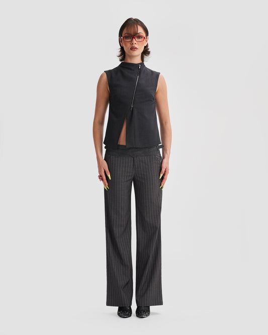 Low-Rise Tailored Pinstripe Trousers with Buckle in Dark Grey