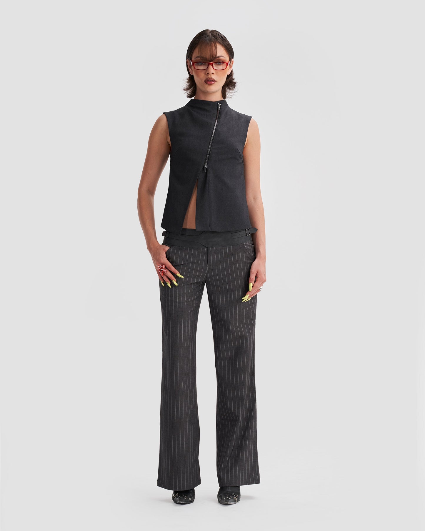 Low-Rise Tailored Pinstripe Trousers with Buckle in Dark Grey