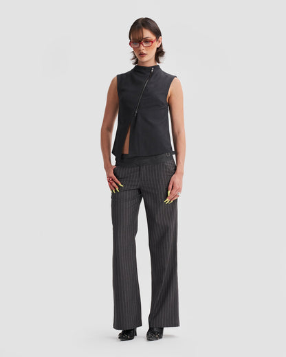 Low-Rise Tailored Pinstripe Trousers with Buckle in Dark Grey