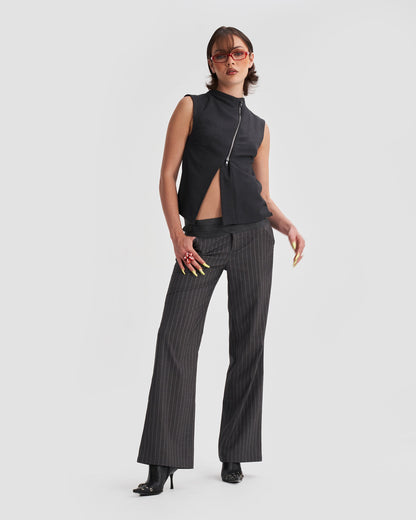 Low-Rise Tailored Pinstripe Trousers with Buckle in Dark Grey