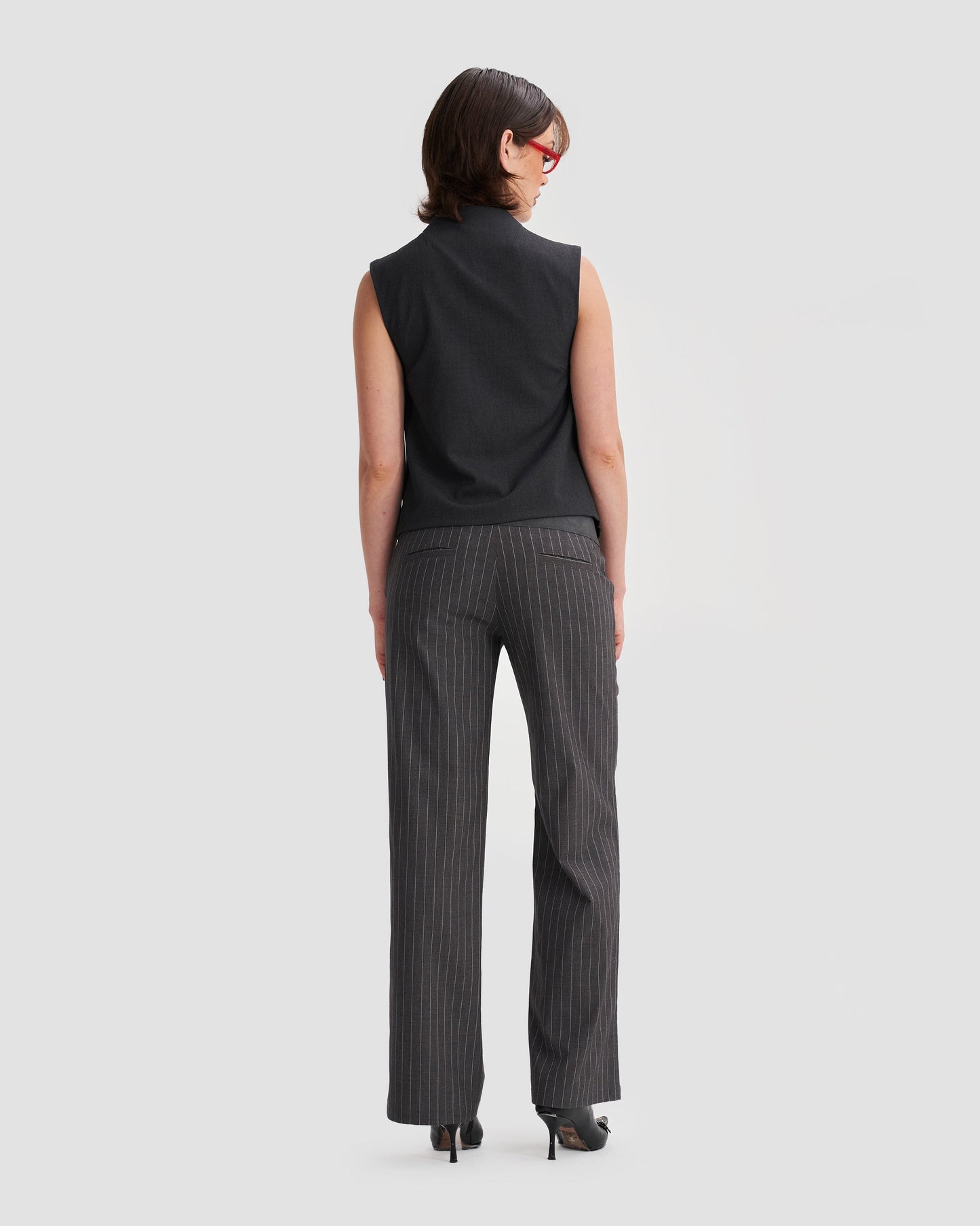 Low-Rise Tailored Pinstripe Trousers with Buckle in Dark Grey