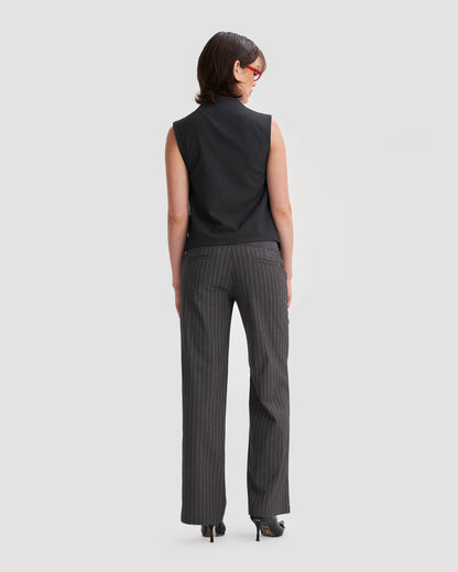 Low-Rise Tailored Pinstripe Trousers with Buckle in Dark Grey