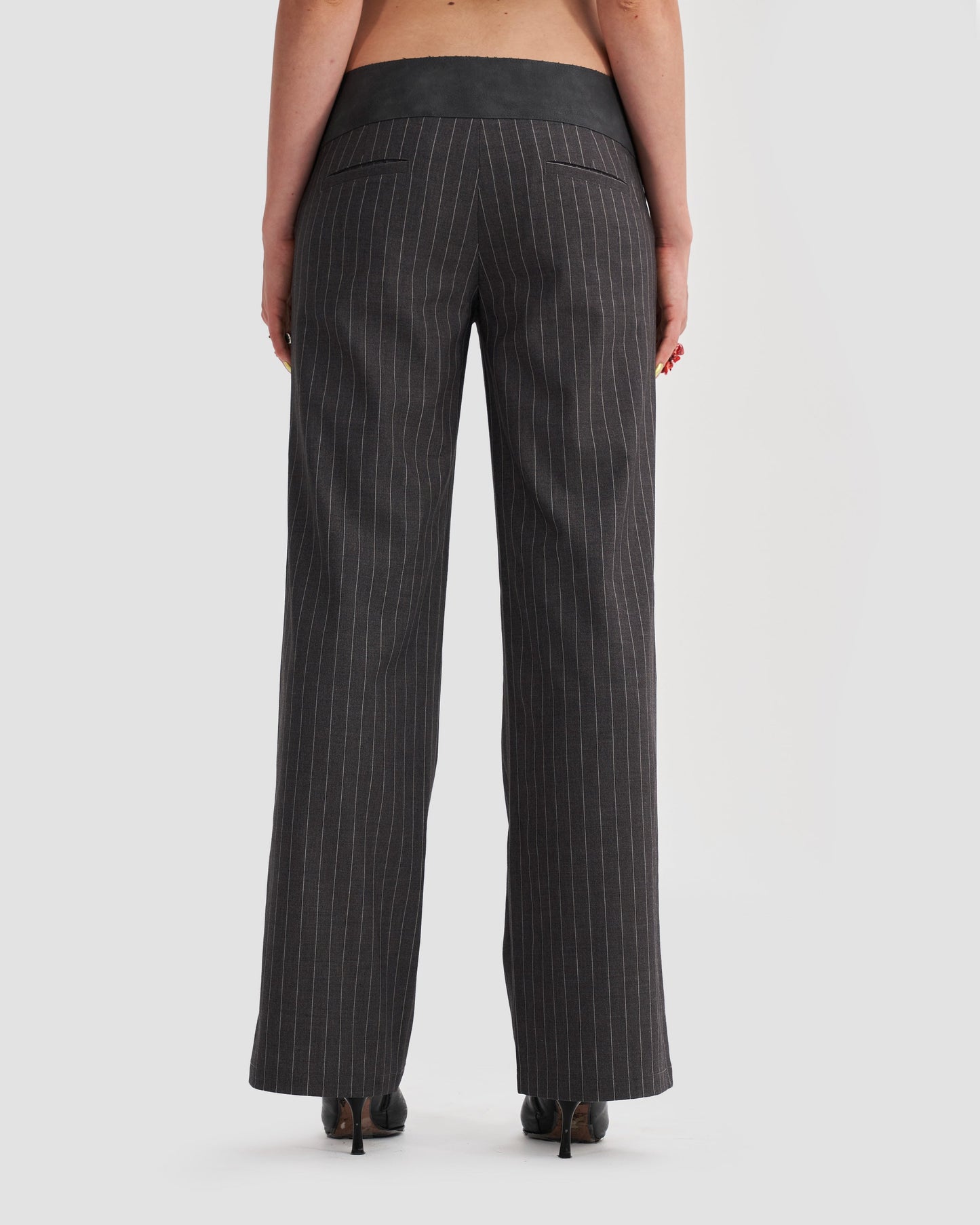 Low-Rise Tailored Pinstripe Trousers with Buckle in Dark Grey