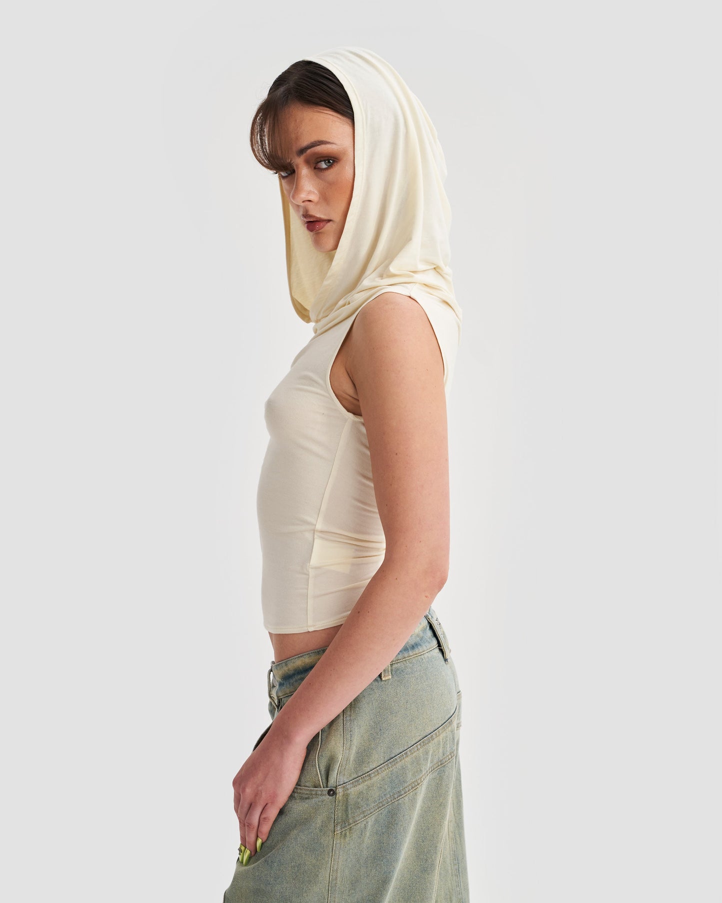 Hooded Cowl Neck Tank Top in Cream