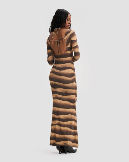 Open Back Long Sleeve Mermaid Maxi Dress with Print in Beige