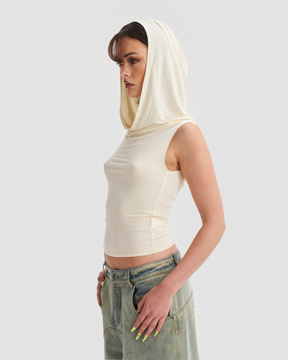 Hooded Cowl Neck Tank Top in Cream