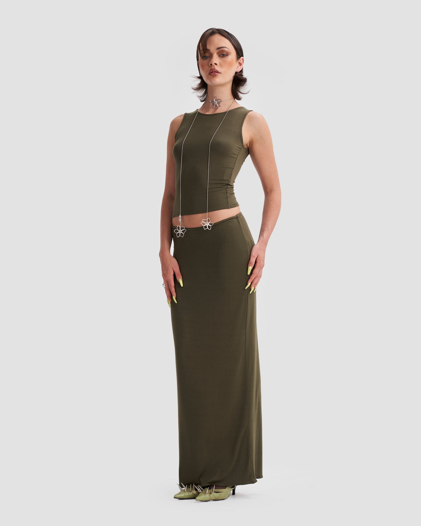 Fitted Jersey Maxi Skirt Co-Ord in Khaki