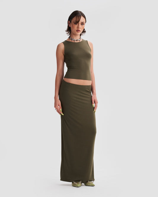 Fitted Jersey Maxi Skirt Co-Ord in Khaki