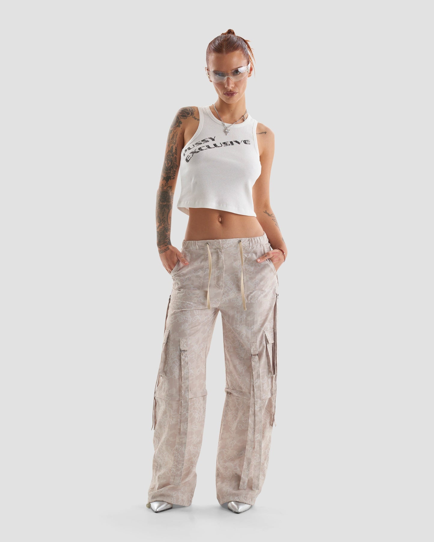 Exclusive Slogan Crop Tank Top in Off White