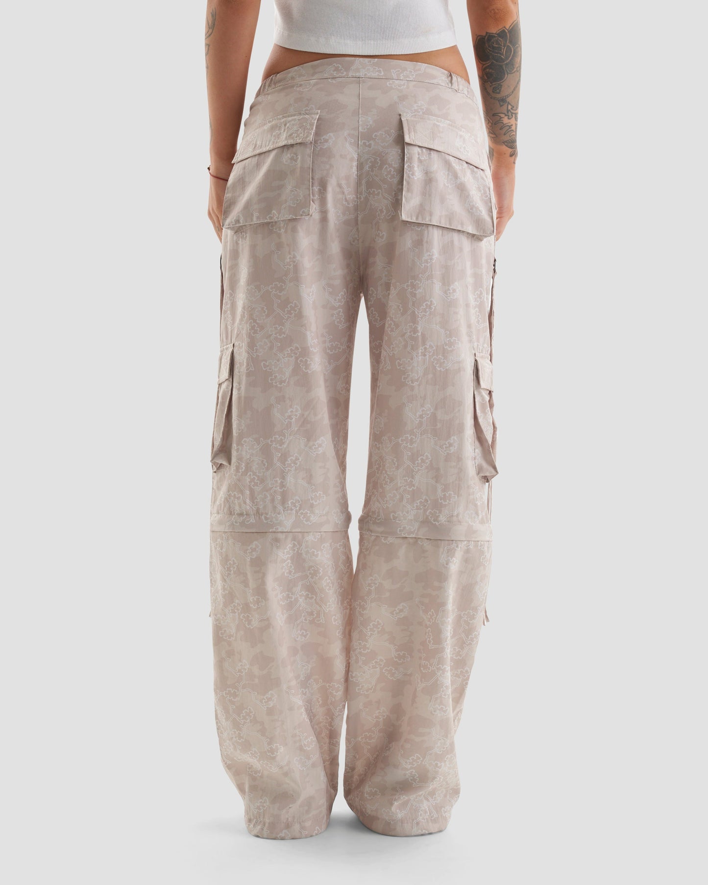 Taboo Zip-Off Cargo Trousers to Shorts with Camo Print in Beige