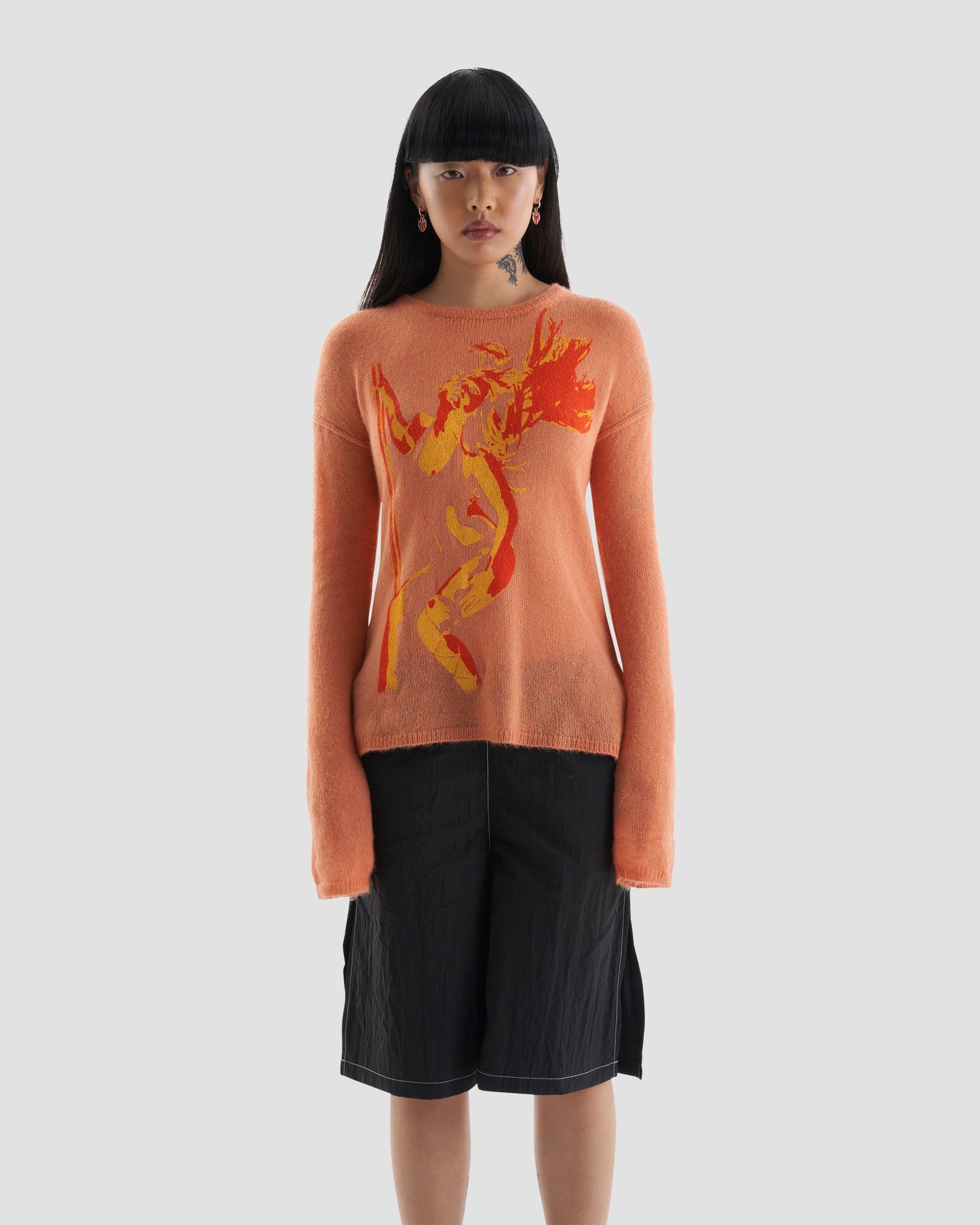 Heaven Oversized Knit Crew Neck Jumper with Strip Graphic in Orange