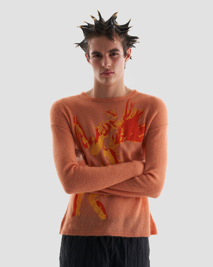 Heaven Oversized Knit Crew Neck Jumper with Strip Graphic in Orange