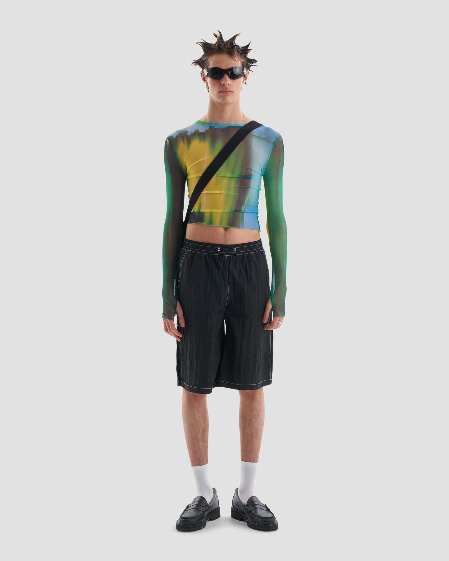 Liquid Mesh Fitted Long Sleeve Top with Print in Multicolour