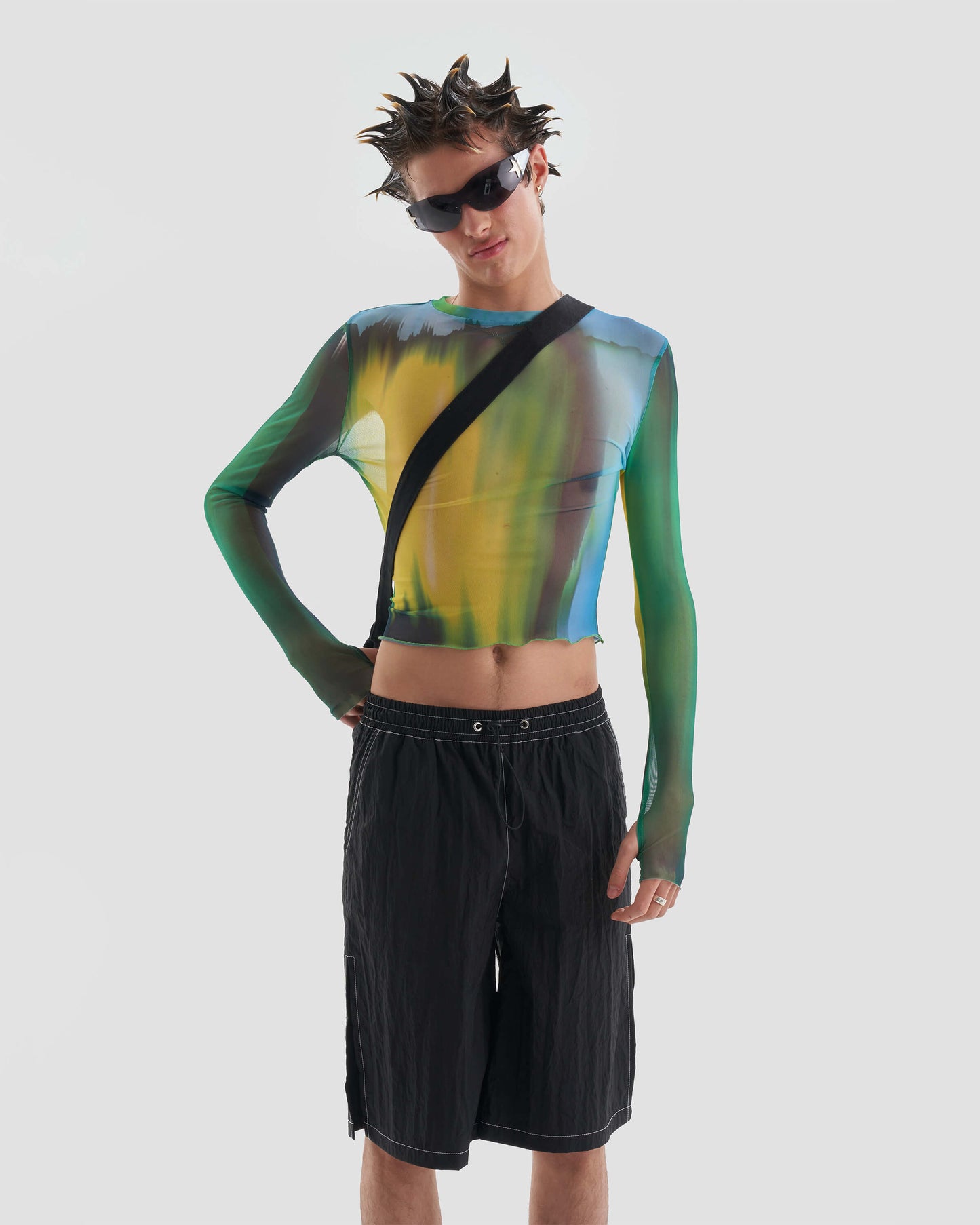 Liquid Mesh Fitted Long Sleeve Top with Print in Multicolour