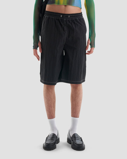 Play Harder Oversized Parachute Basketball Shorts with Tattoo Print in Black