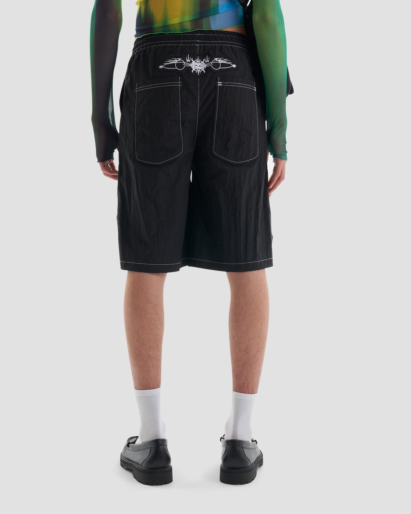 Play Harder Oversized Parachute Basketball Shorts with Tattoo Print in Black