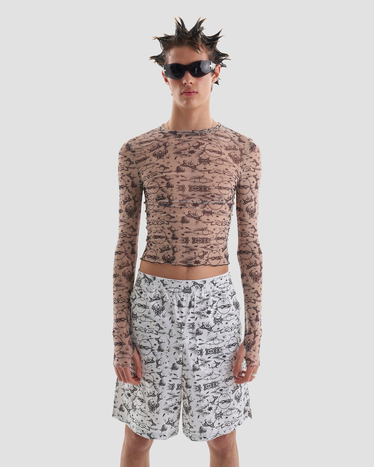 Club Kid Mesh Fitted Long Sleeve Top with Tattoo Print in Nude