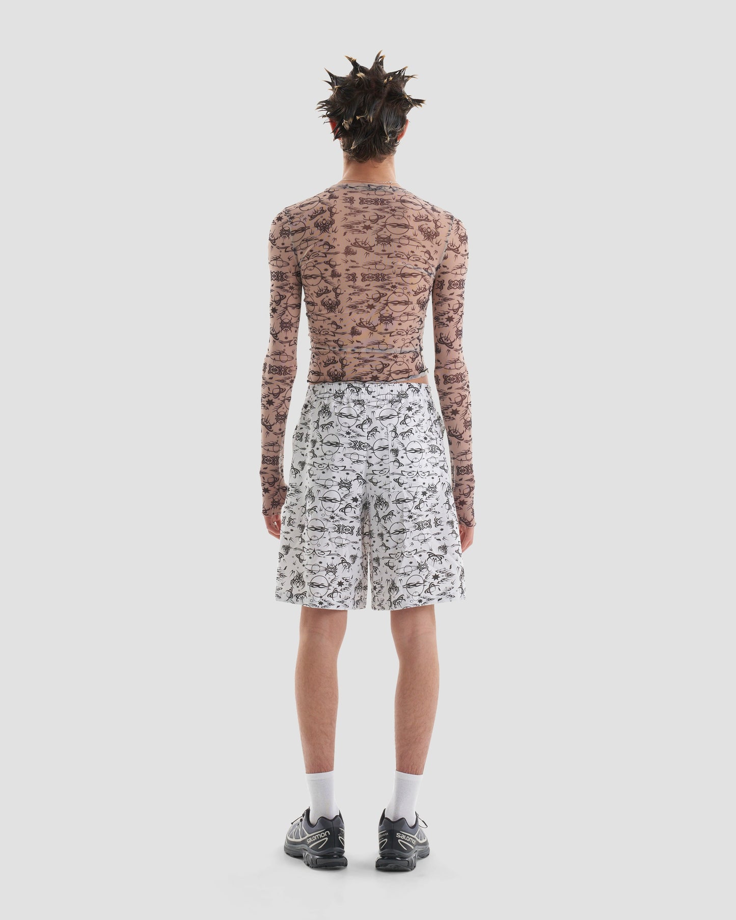 Club Kid Mesh Fitted Long Sleeve Top with Tattoo Print in Nude