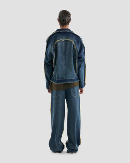 Hedonism Co-Ord Oversized Denim Distressed Jacket with Frayed Seams in Bleached Wash