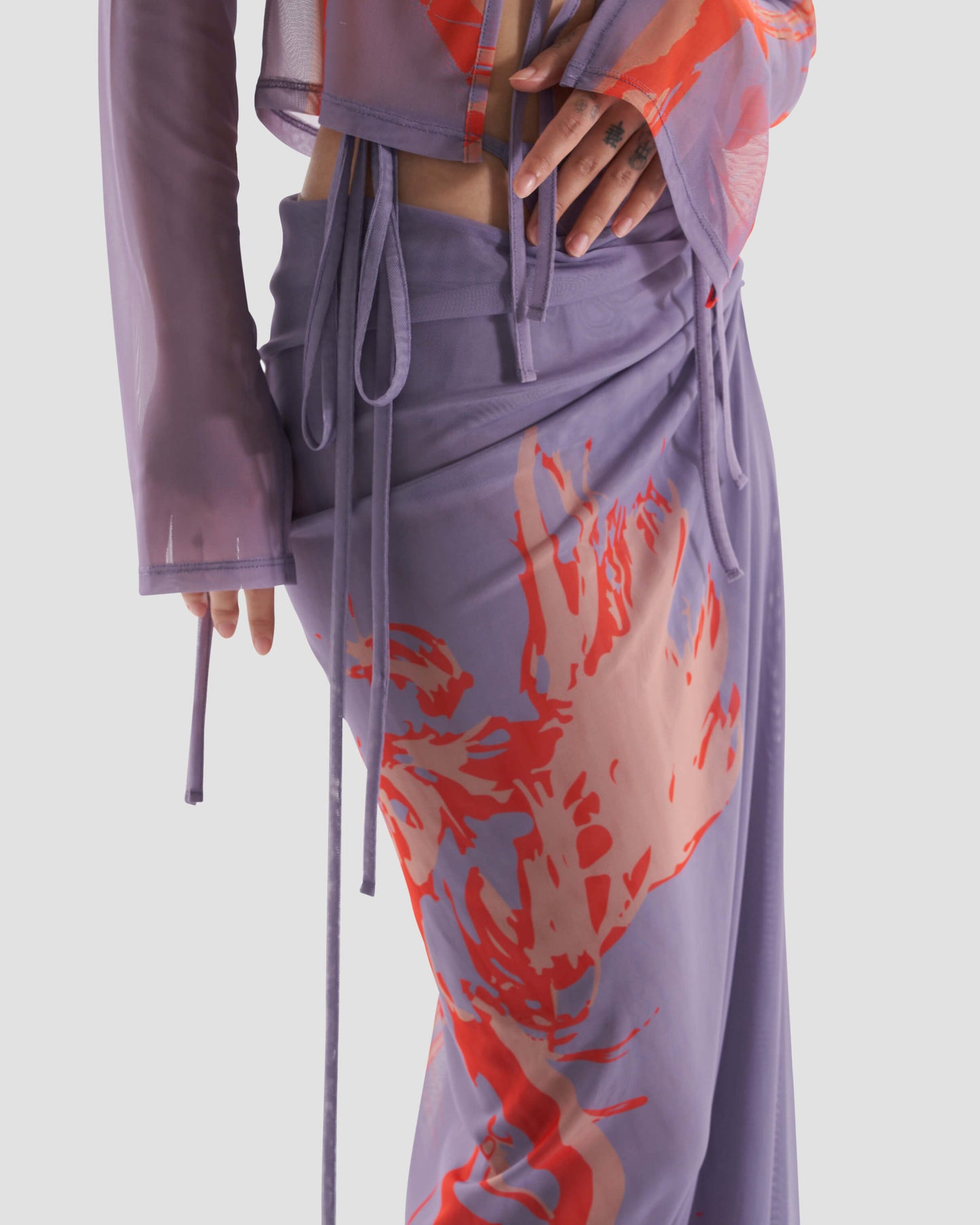 Modern Co-Ord Printed Mesh Wrap Maxi Skirt with Tie Detail in Purple