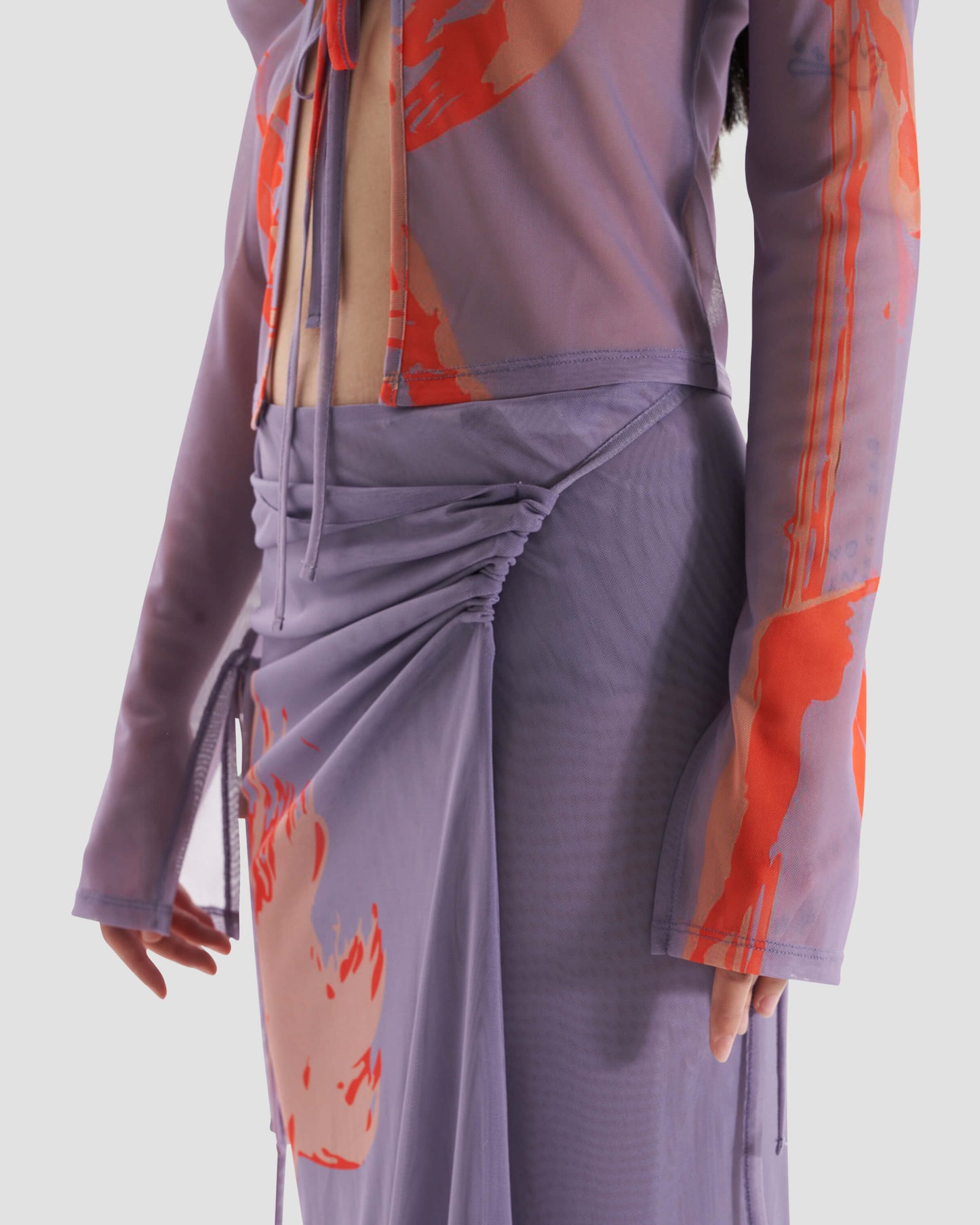 Modern Co-Ord Printed Mesh Wrap Maxi Skirt with Tie Detail in Purple