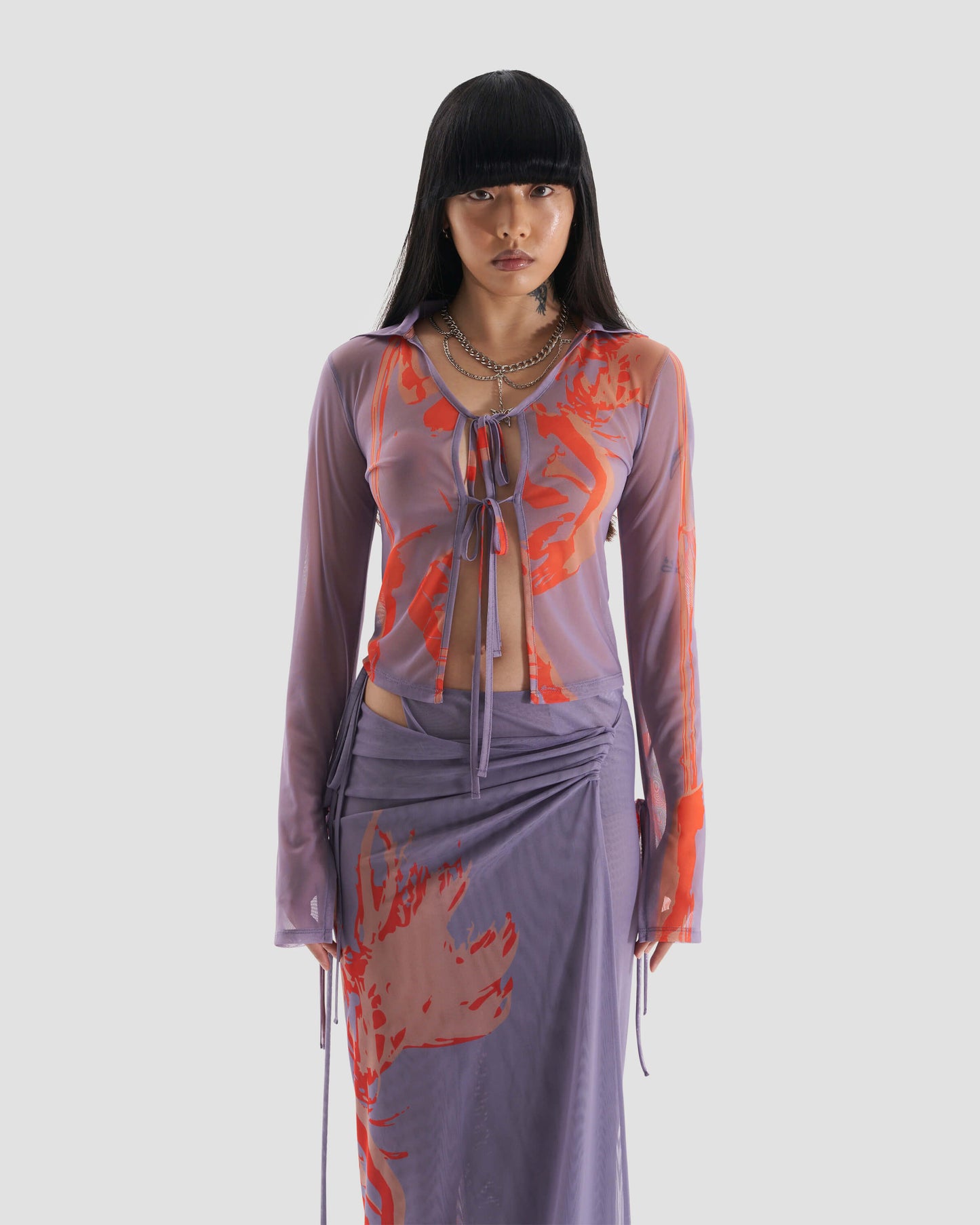 Modern Co-Ord Printed Mesh Shirt with Tie Detail in Purple