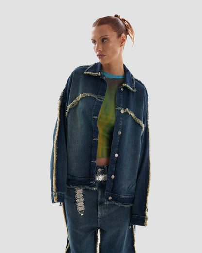 Hedonism Co-Ord Oversized Denim Distressed Jacket with Frayed Seams in Bleached Wash