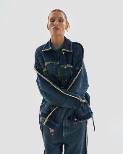 Hedonism Co-Ord Oversized Denim Distressed Jacket with Frayed Seams in Bleached Wash