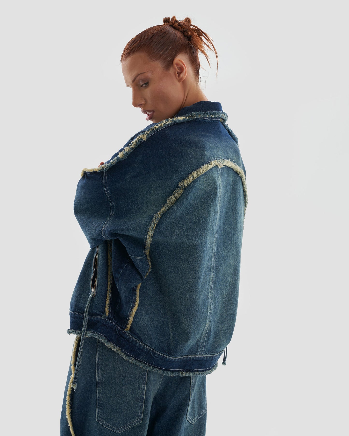 Hedonism Co-Ord Oversized Denim Distressed Jacket with Frayed Seams in Bleached Wash