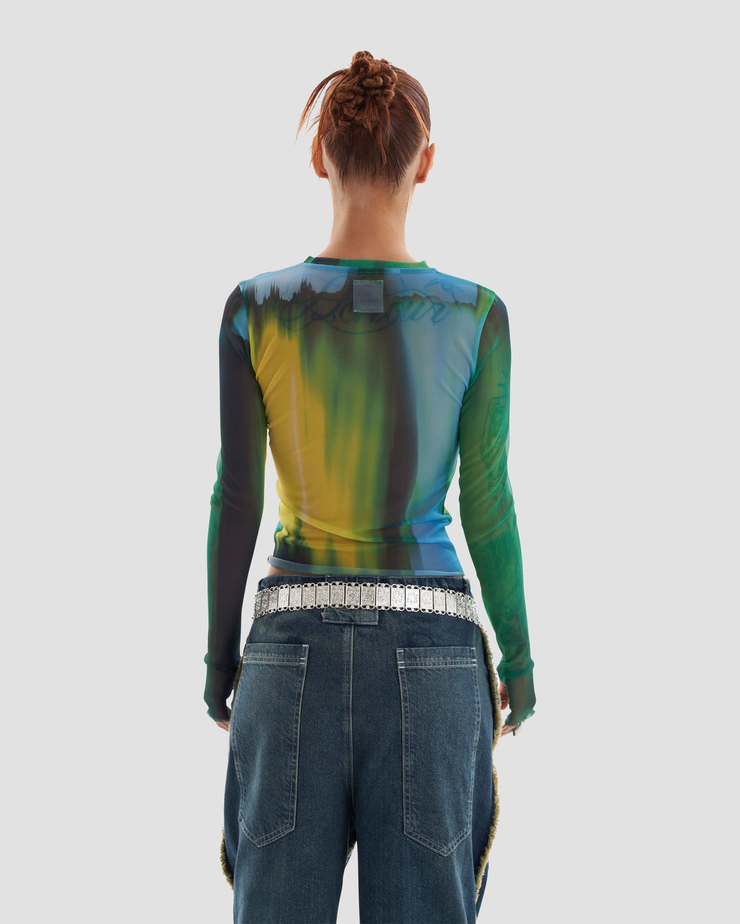 Liquid Mesh Fitted Long Sleeve Top with Print in Multicolour