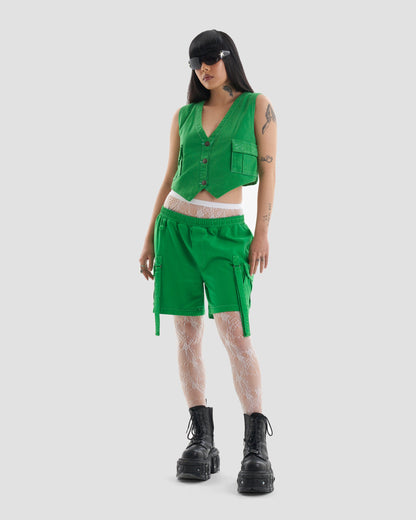 Clubland Co-Ord Button Up Technical Cargo Waist Coat in Green