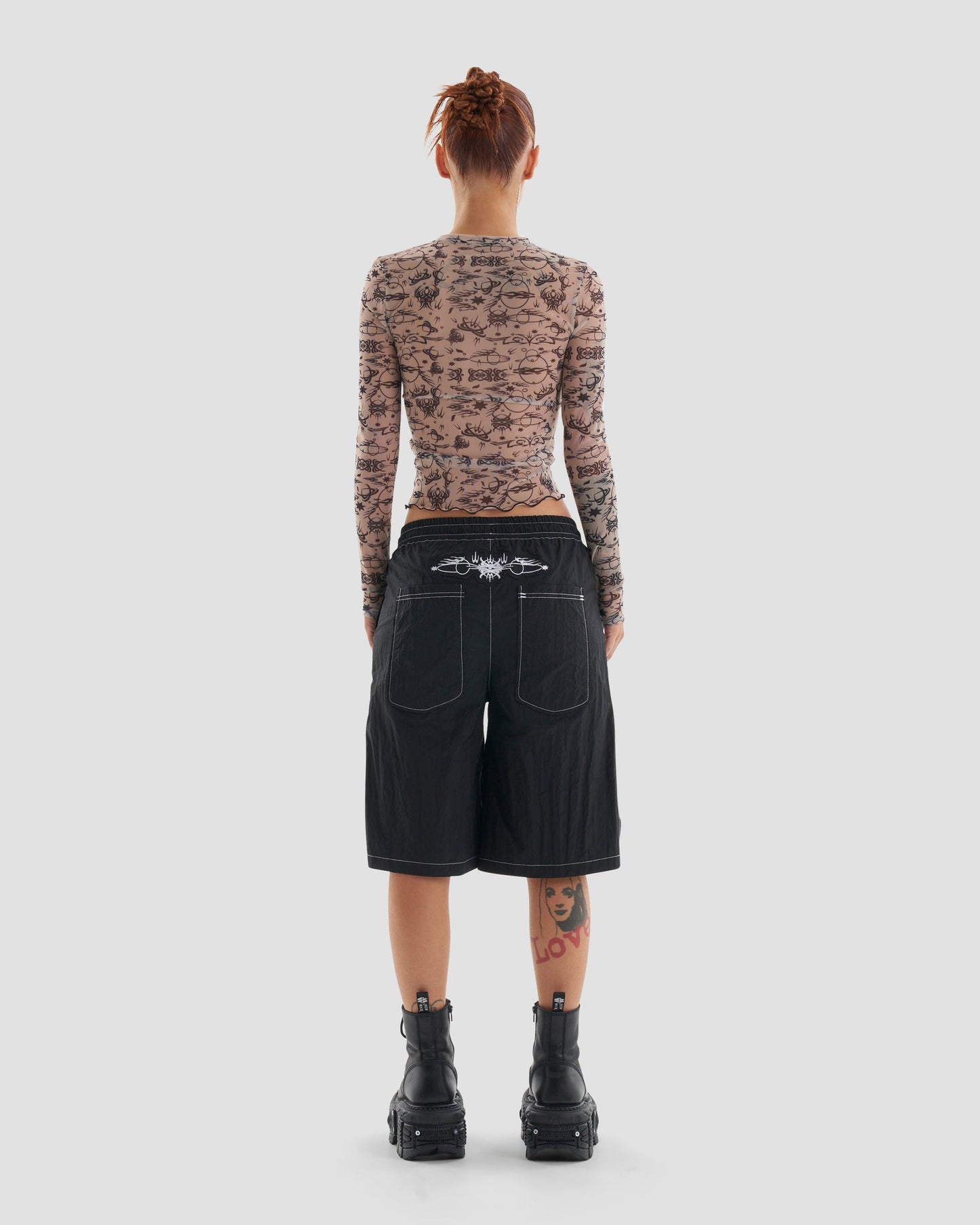 Play Harder Oversized Parachute Basketball Shorts with Tattoo Print in Black