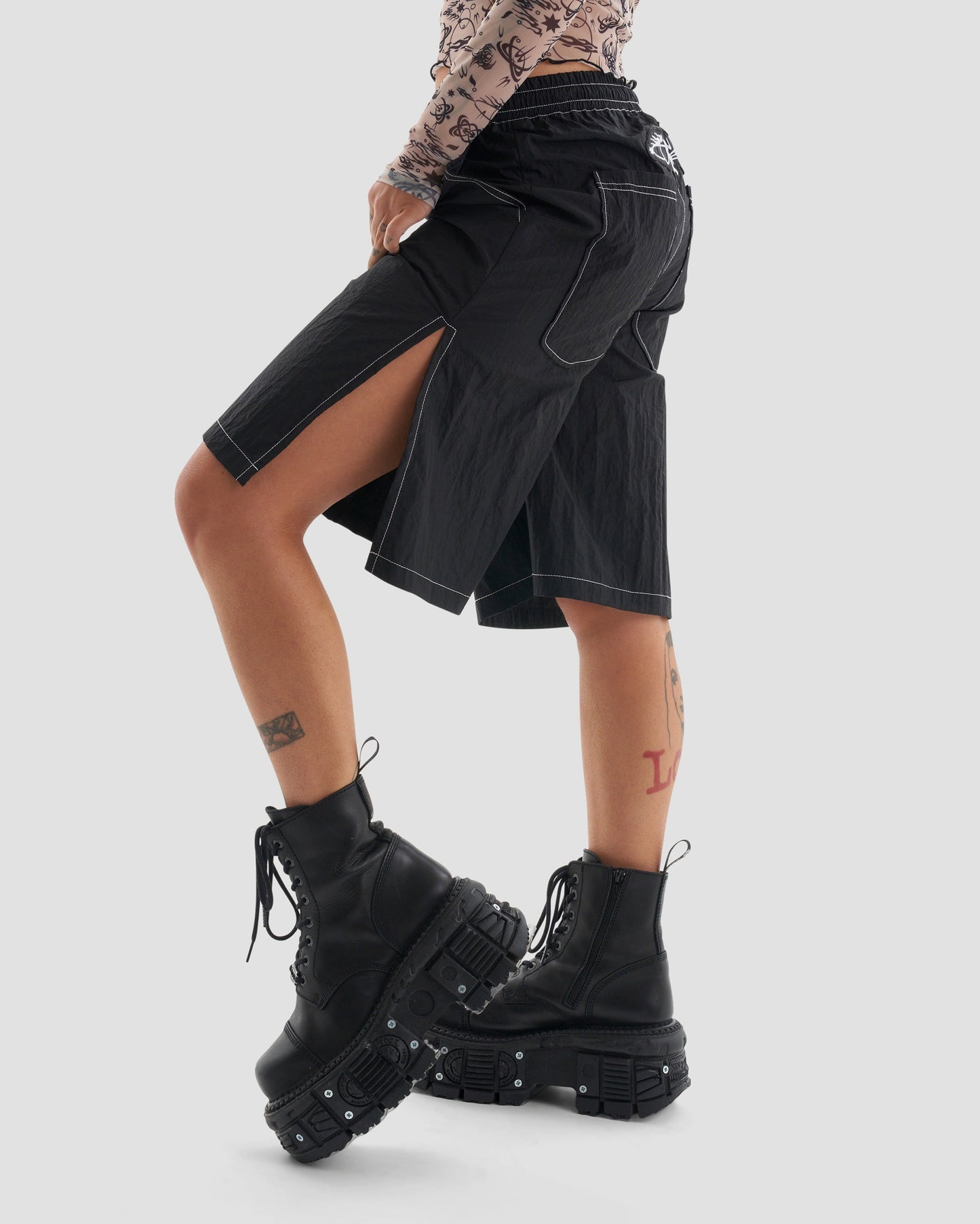 Play Harder Oversized Parachute Basketball Shorts with Tattoo Print in Black