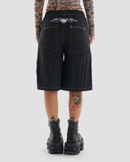 Play Harder Oversized Parachute Basketball Shorts with Tattoo Print in Black