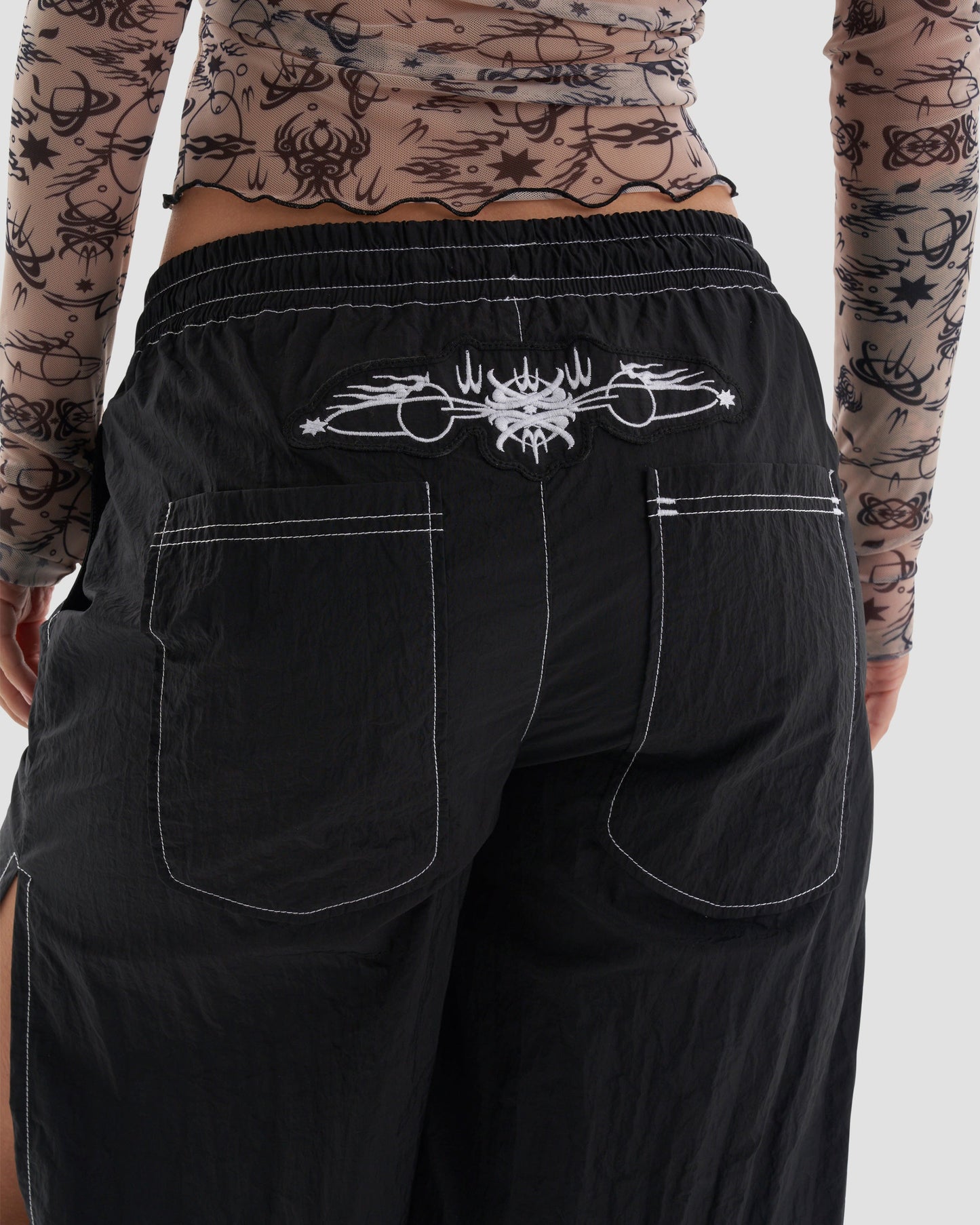 Play Harder Oversized Parachute Basketball Shorts with Tattoo Print in Black