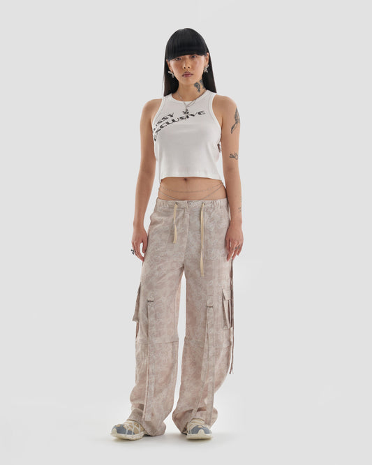 Taboo Zip-Off Cargo Trousers to Shorts with Camo Print in Beige