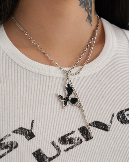 Riot Spirit Chainlink Necklace With Asymmetric Butterfly Charm In Silver