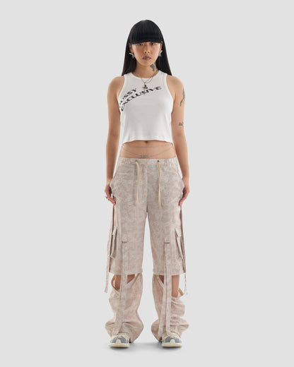 Taboo Zip-Off Cargo Trousers to Shorts with Camo Print in Beige