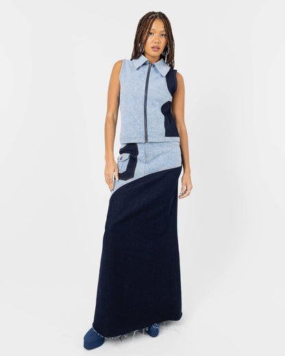 Sweet Tragedy Denim Patchwork Maxi Skirt In Blue