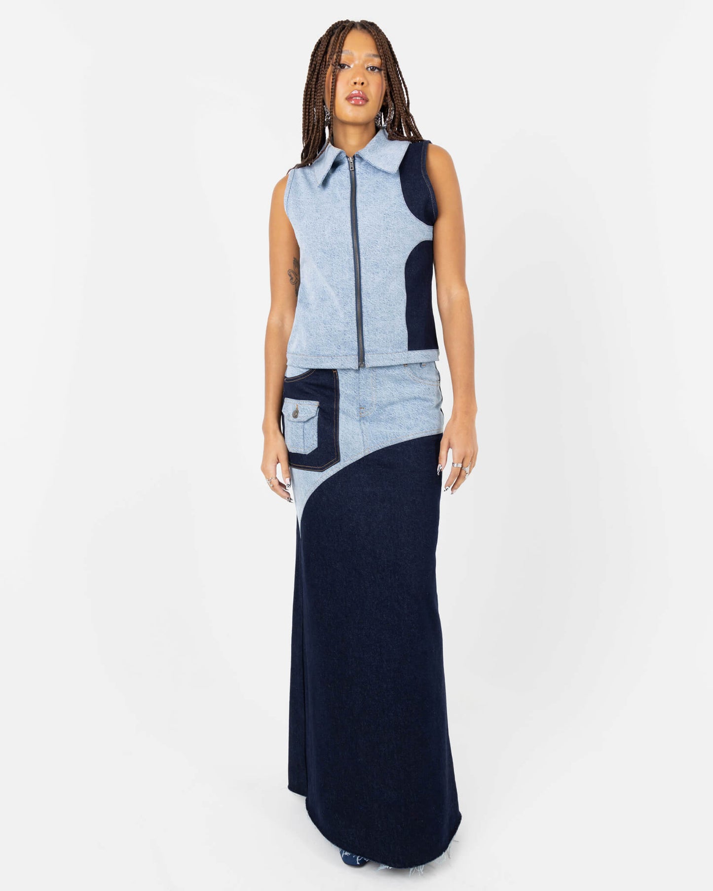 Sweet Tragedy Denim Patchwork Maxi Skirt In Blue