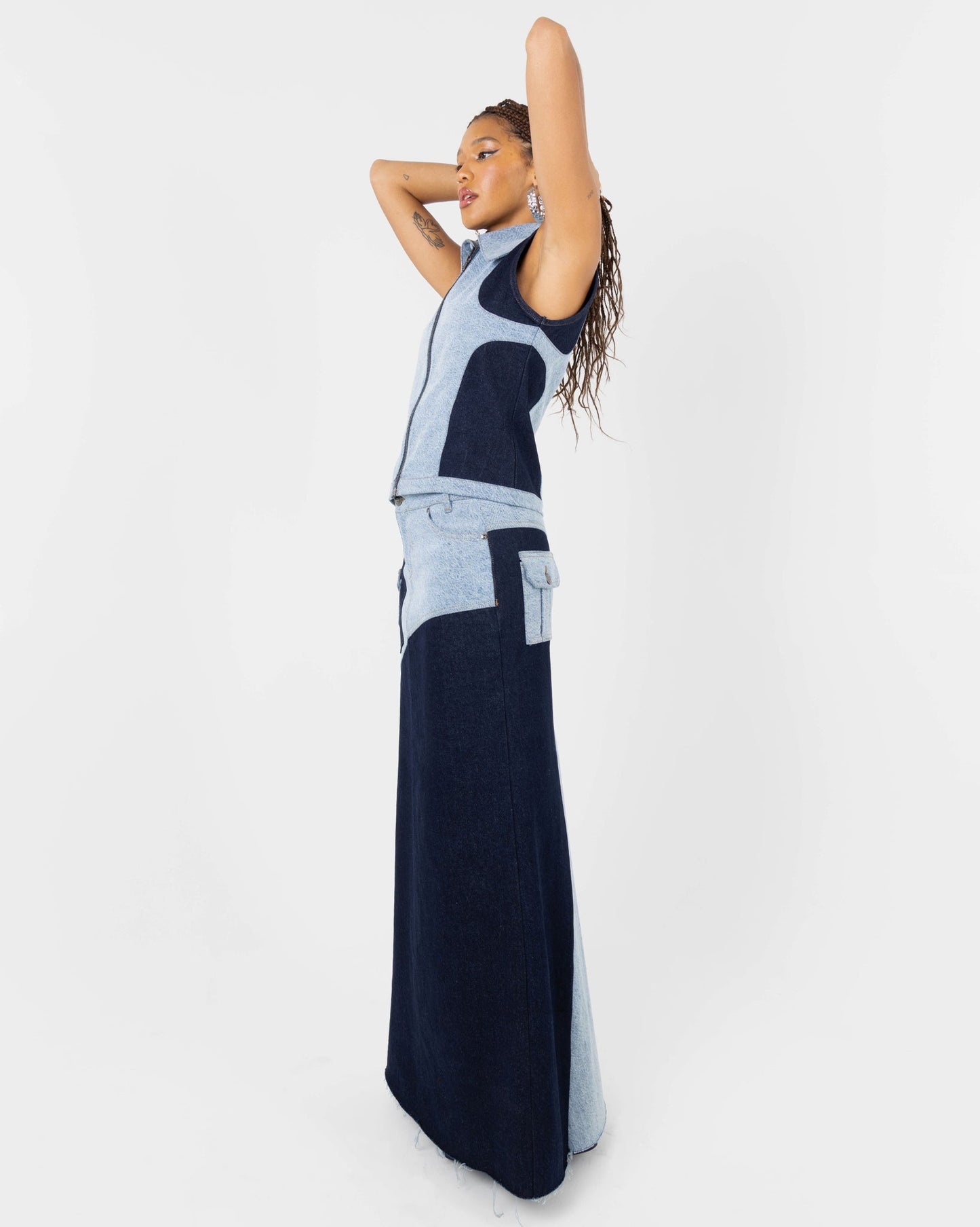 Sweet Tragedy Denim Patchwork Maxi Skirt In Blue