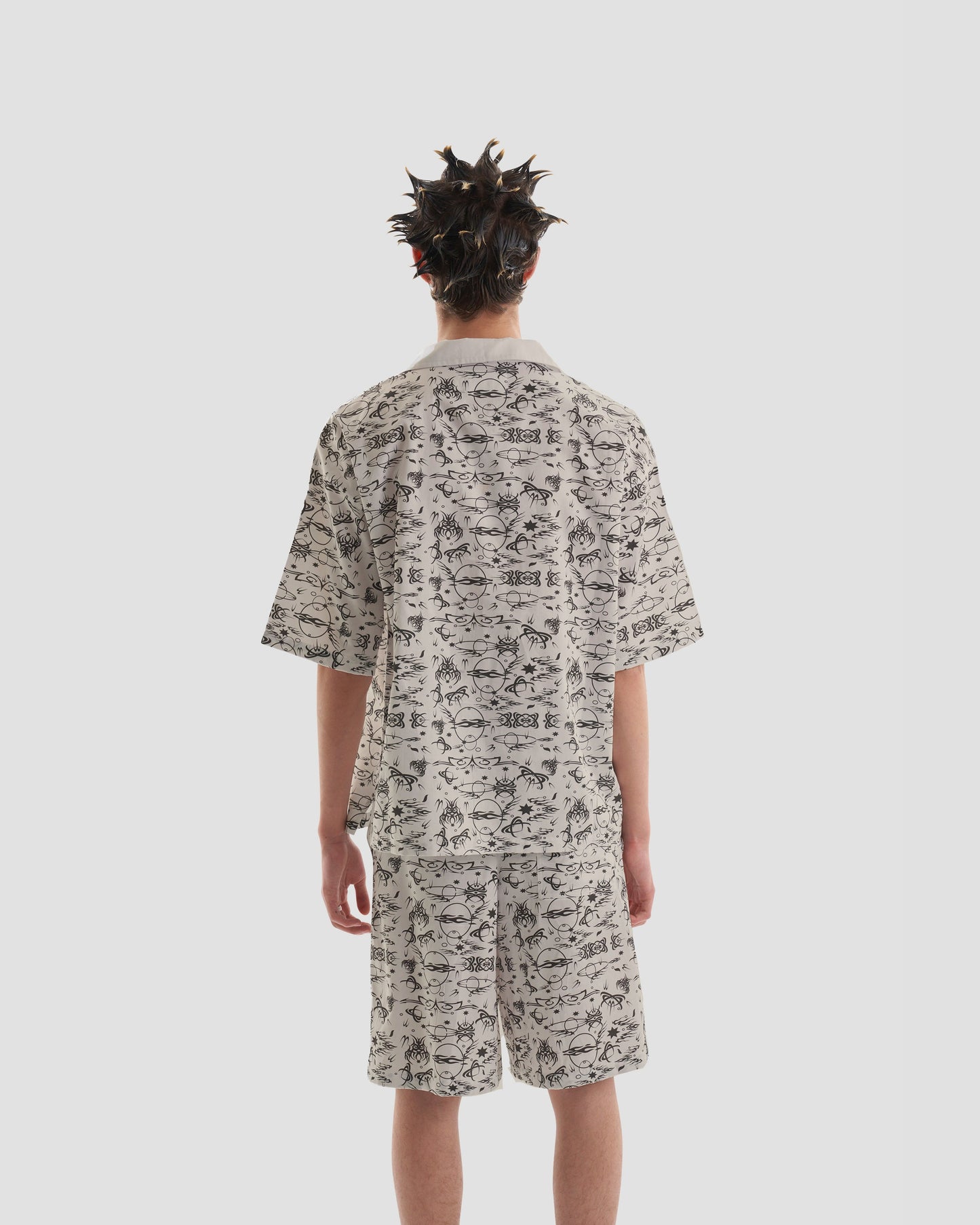 No Regrets Oversized Short Sleeve Shirt with Tattoo Print in Ecru